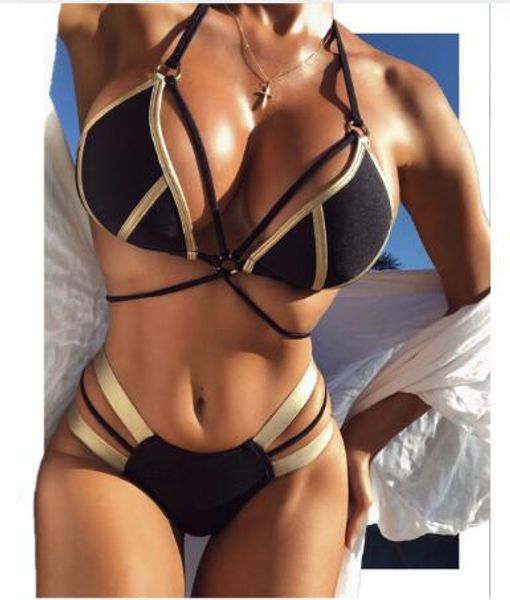 

gold stamping bikini set padded women swimsuit push up bandeau swimwear summer beachwear brazil bathing suit 2019, White;black