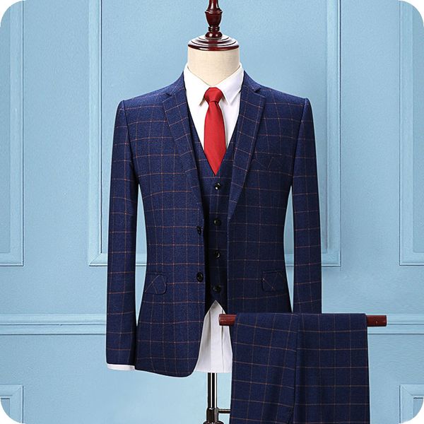 

custom made blue grid men suits for wedding slim fit check groom tuxedos 3piece (coat+pants+vest) groomsmen wedding suit blazers man jacket, Black;gray
