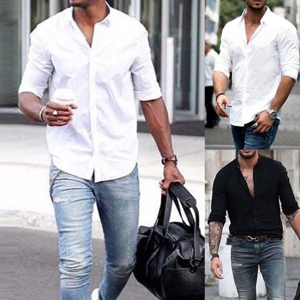 

feitong men's autumn solid shirt button casual long sleeve blouse hawaiian shirts camisa hombre streetwear shirts men, White;black