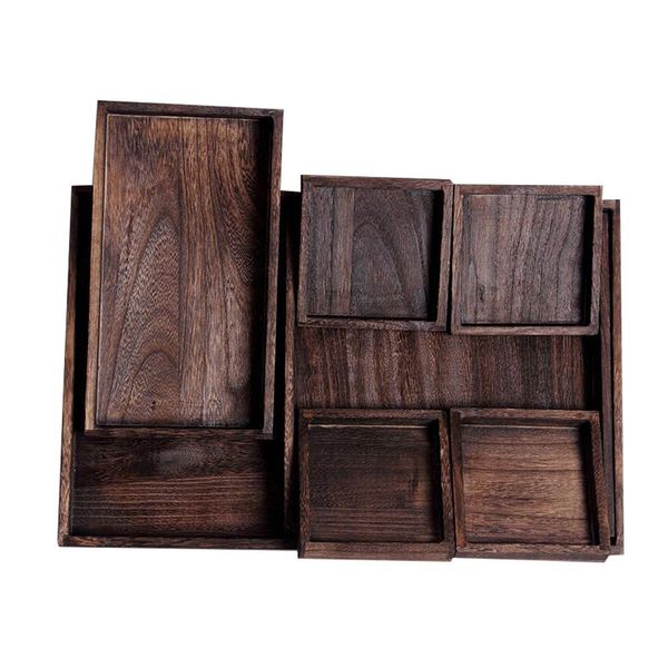 

7pcs/set burnt color vintage wooden tray retro wooden set l tray fruit holder dessert plate serving set