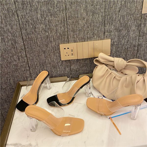 

high-heeled shoes lady low ladies' slippers transparent heel slipers women slides jelly flip flops female tap heels 2020, Black
