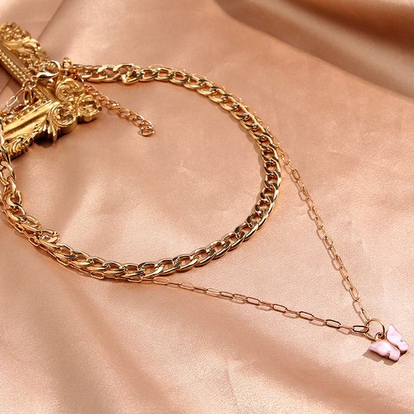

just feel 2020 trendy new gold color flat chain choker necklace double layer resin butterfly pendant necklace statement jewelry, Silver