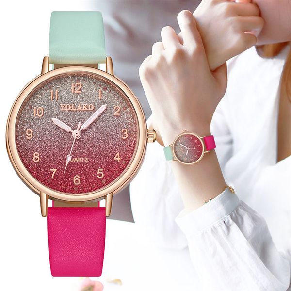 

yolako fashion women watches simple gradient dial with diamond leather belt ladies quartz watch 3n26, Slivery;brown