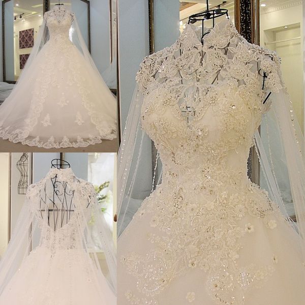 2024 Luxus hoher Nackenkristallperlen A-Line-Hochzeitskleid mit Warp Romantic Arabic Spitze Hochzeitskleid Brautkleider Vestido de Noiva