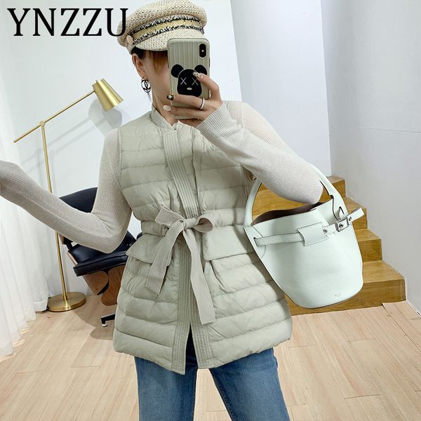 

ynzzu 2019 autumn winter elegant women's down vest solid ultra light 90% white duck down female slim waistcoat with sashes a1190, Black