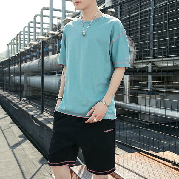 

2020 short-sleeved suit summer men's korean loose round neck t-shirt five-point shorts men's sports casual suit asian size 14 colo, Gray