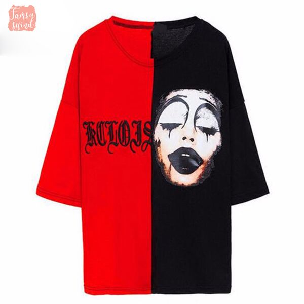 

v neck fashion t shirt brand panelled summer women clown printed t shirt embroidered couples t shirt loose plus size, White