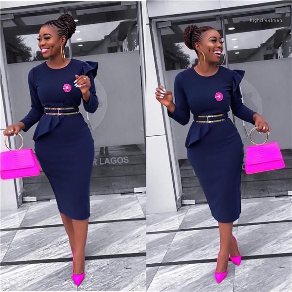 

spring fashion women dresses ruffle designer women dresses with sashes ol solid color long sleeve crew neck pencil dresses, Black;gray