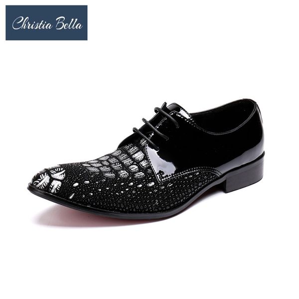 

christia bella new fashion scale patent leather men office shoes large size solid pointed toe lace up formal party dress shoes, Black