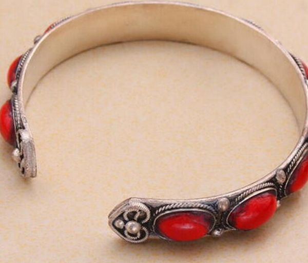 braccialetto 914+++Argento del Tibet del braccialetto del polsino del branello del corallo rosso dell'annata