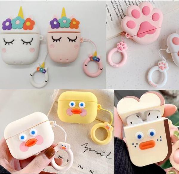 

3d earphone case for airpods pro 3 2 1 case cartoon silicone cat duck unicorn cover earpods/headphone strap with finger ring strap