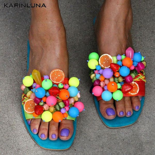 

karin 2020 new arrivals slippers women shoes open toe flat heel string bead dropship summer comfortable shoes woman slippers, Black