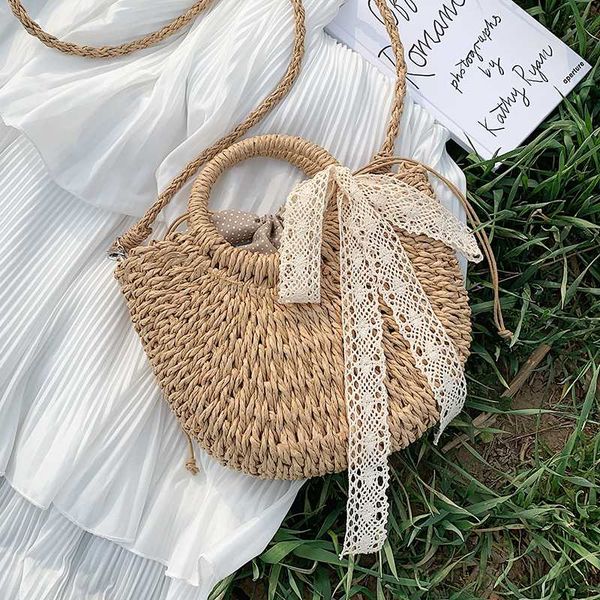 

casual rattan women handbags lace bow wicker woven ladies shoulder crossbody bags summer beach straw bag bali basket purses 2020