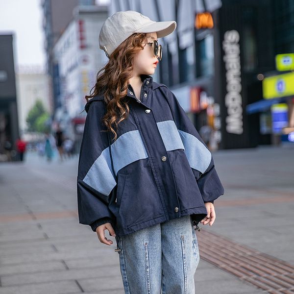 

2020 spring autumn girls fashion denim jacket stitching hoodie coat, Blue;gray