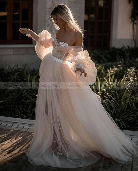

Vintage Lace Long Sleeves Boho Beach Wedding Dress 2019 Off Shoulder Sweetheart Champagne Tulle Bohemian Country Wedding Gowns