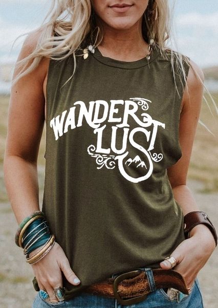 

ladies tank tank new women summer sleeveless tee wanderlust letter print o neck tank female army ladies tee, White