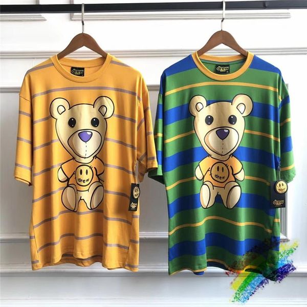 

yellow green stripe drew house t-shirts women men summer style drew tee t shirts