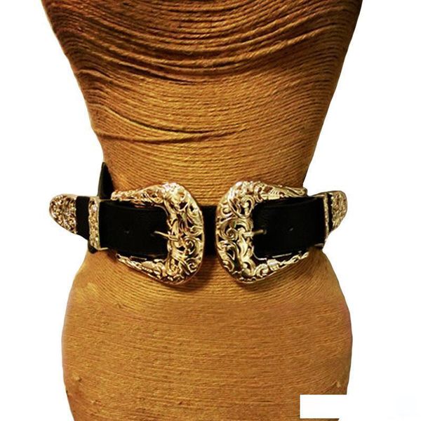 

new fashion female vintage strap metal pin buckle leather belts for women elastic designer hollow out wide waist belts, Black;brown