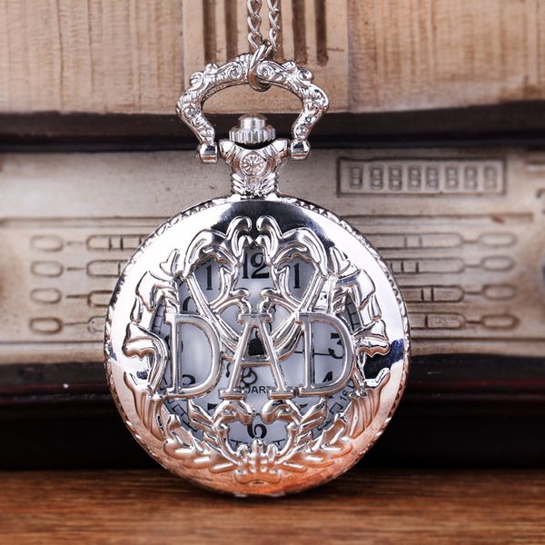

big size dad the father gift silver hollow carved"dad" letter white surface pocket watch, Slivery;golden