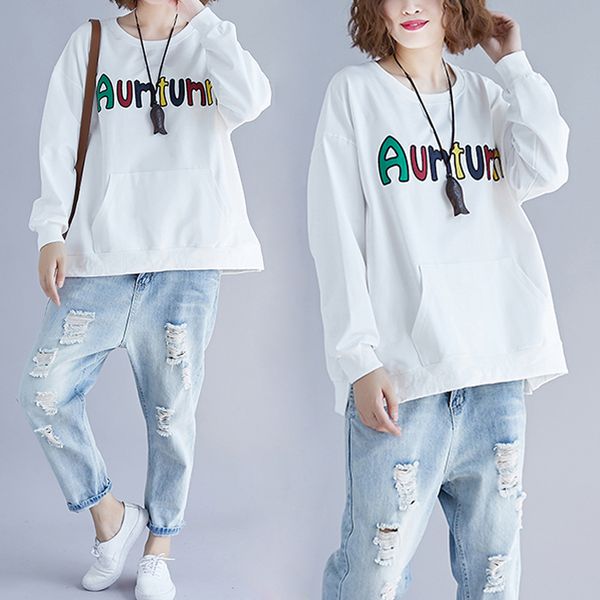 

large size womens clothing sweatshirt 2019 spring autumn letter printed long sleeve shirts female casual loose bottoming shirt, Black