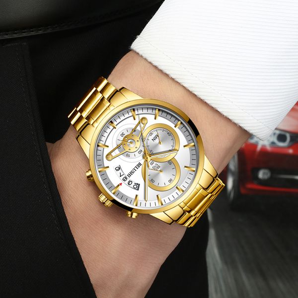 

fashion mens watch waterproof full steel quartz wrist watch for men luxury gold men business watches reloj hombre saatler, Slivery;brown