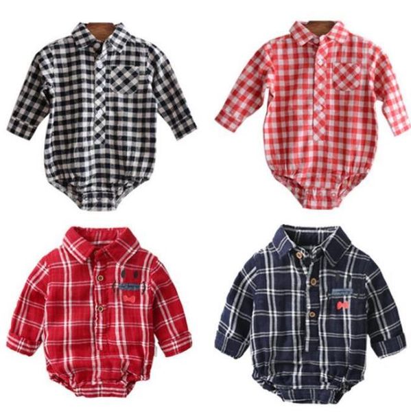 

kids clothes boys plaid check rompers baby grid jumpsuits long sleeve lapel onesie trianglecotton bodysuits summer casual climb suit ayp5673, Blue
