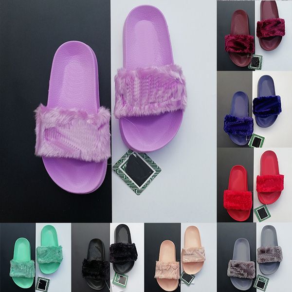 

2020 leadcat fenty rihanna faux fur designer slippers women girls sandals fashion winter scuffs black pink red grey blue slides loafers