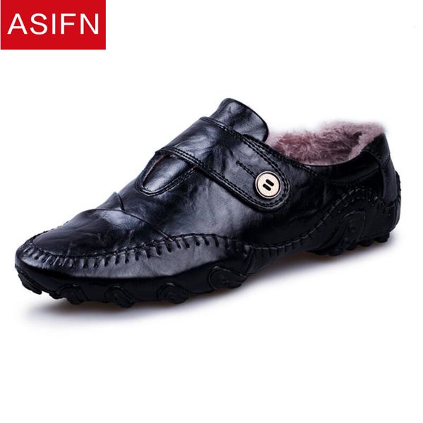 

asifn men leather shoes loafers with fur men's flats casual man plush soft work driving male slip moccasins zapatos de hombre, Black