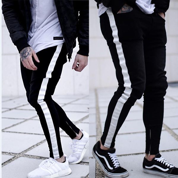 

2019 new men's skinny biker jeans bands male side stripe distressed stretch black jeans homme casual ripped tore for men, Blue