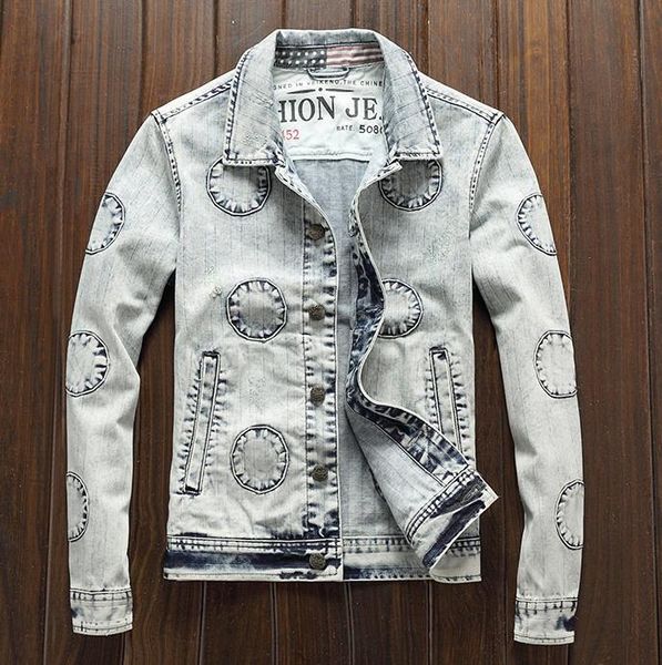 

bonjean brand rock fashion hi street mens patch denim jacket vintage light blue slim casual jeans coat drop shipping, Black;brown