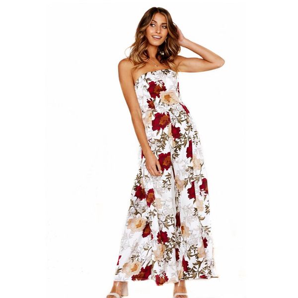 

boho off shoulder strapless women jumpsuit elegant floral print romper long summer wide leg ladies playsuit overalls 2019, Black;white
