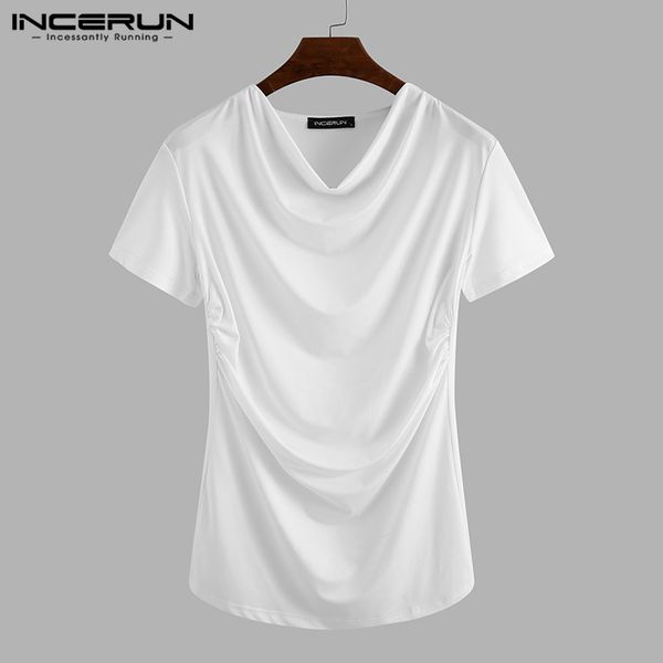 

incerun 2020 fashion men casual t shirt solid color breathable slim summer t-shirts short sleeve streetwear stacked collar tees, White;black