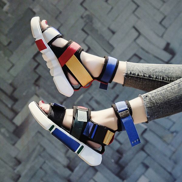 

summer sandals women's tide 2019 new wild thick bottom fashion beach flat bottom roman casual sandals women, Black