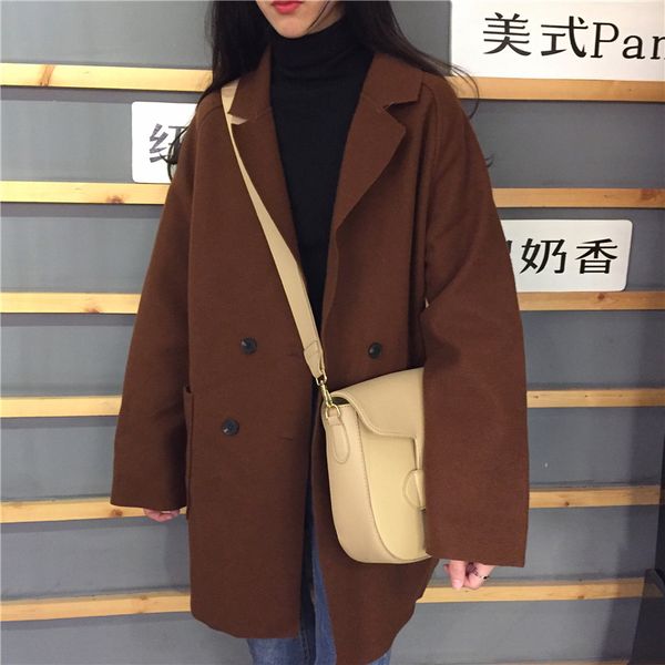 

thin wool blend coat women long sleeve turn-down collar outwear jacket casual autumn winter elegant women overcoat, Black