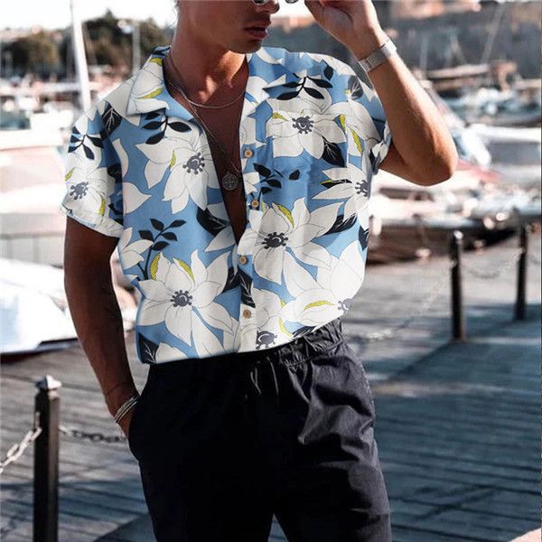 

мужские цветочный печати casaul рубашки лето конструктора отворотом шеи с коротким рукавом свободные блуза мужчины мода одежда, White;black