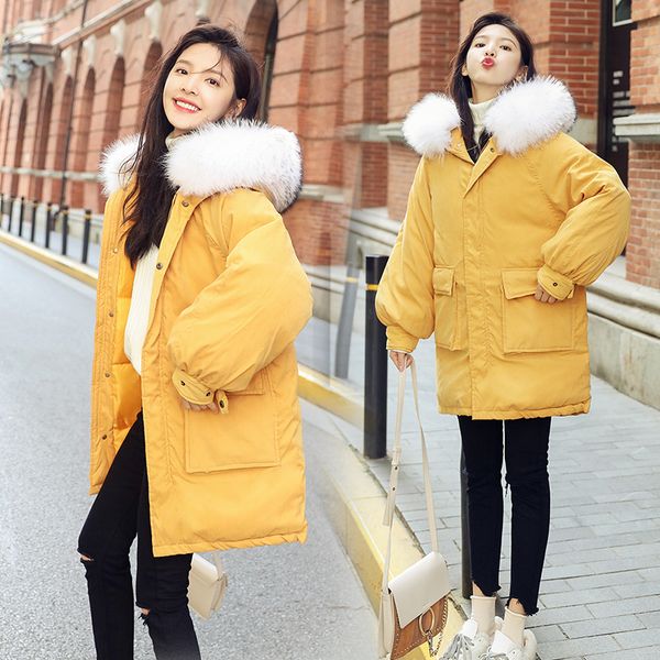 

qoerlin plus size big fur winter coat thickened parka women stitching slim long coat down cotton ladies down parka jacket f, Black