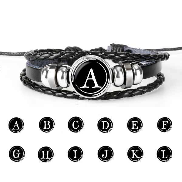 

26 Initial Letter Charm Snap Button bracelets For women men Glass Cabochon Alphabet Braided leather Rope chains DIY Fashion Jewelry in Bulk