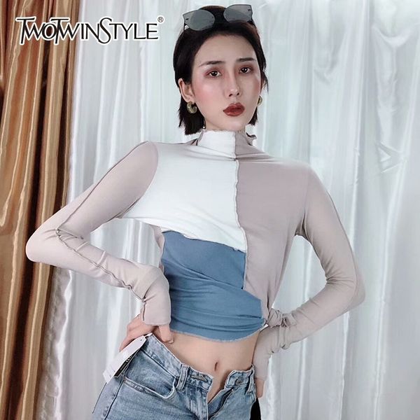 

twotwinstyle хит цвета лоскутное вязание топы пуловер женский с длинным рукавом водолазка свитер женщин 2019 осень повседневная мода, White;black