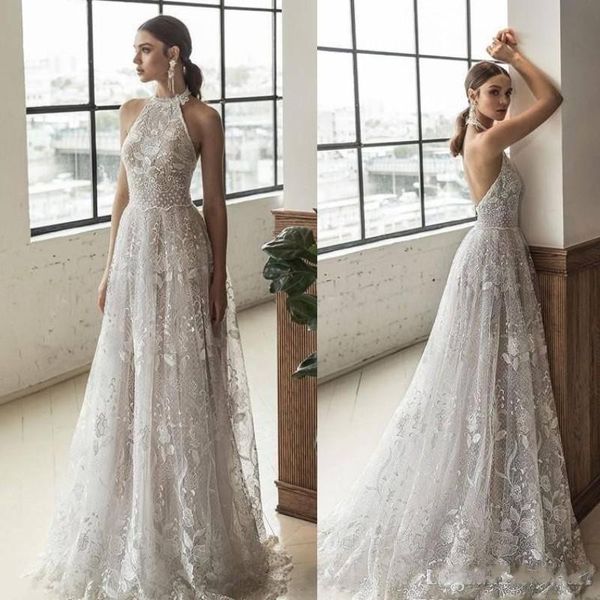 2020 Julie Vino Laço Completo Vestidos de Noiva Halter Decote Sexy Aberto Back Bohemian Personalizado Vestido de Novia Robe de Mariée Vestidos Bridais