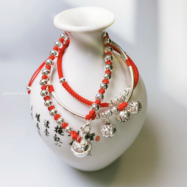 

jh 3 bell bracelet real 925 sterling silver lucky red bracelets for women bangle wax string amulet gift handmade jewelry, Golden;silver