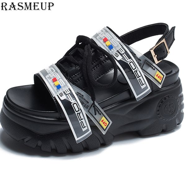 

rasmeup high platform women's chunky sandals 2019 fashion summer leather women thick soled beach sandal casual woman shoes, Black