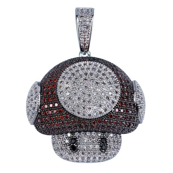 

wholesale-hip hop cubic zircon shiny colorful mushroom pendant necklace charm for men women silver color jewelry rope chain