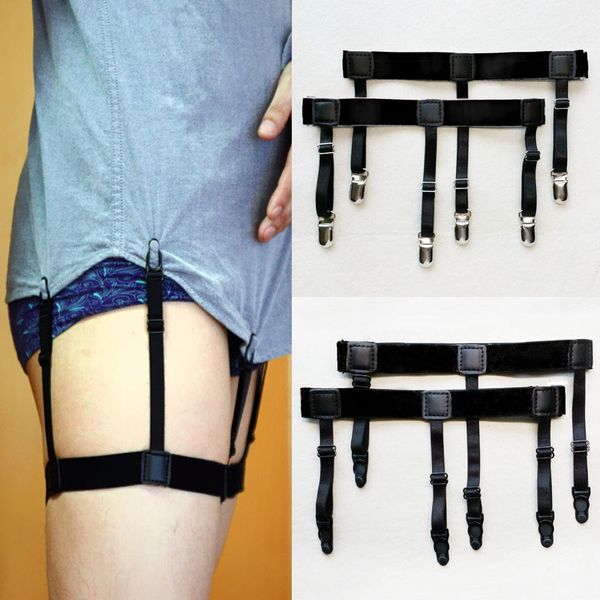 

2 pcs men shirt stays belt with non-slip locking clips keep shirt tucked leg thigh suspender garters strap, Black;white