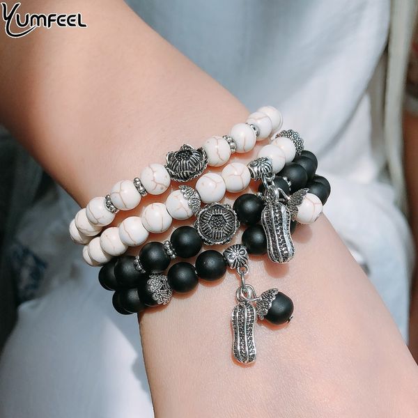 

yumfeel handmade tibetan silver vintage bracelet & bangle set jewelry natural stone beaded bracelet set gifts female, Black
