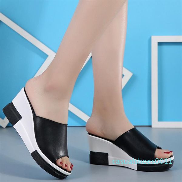 

2019 летняя кожаная клинья тапочки женщин толстой подошве сандалии платформы сандалии женщин слово mujer с11, Black