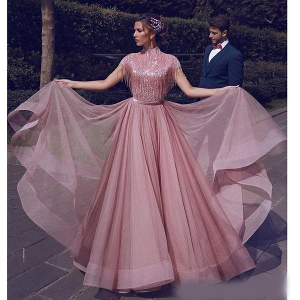 

high neck tassel prom dresses long sequined cap sleeves beaded tulle skirt formal dress tiered a line prom party evening gowns, Black;red