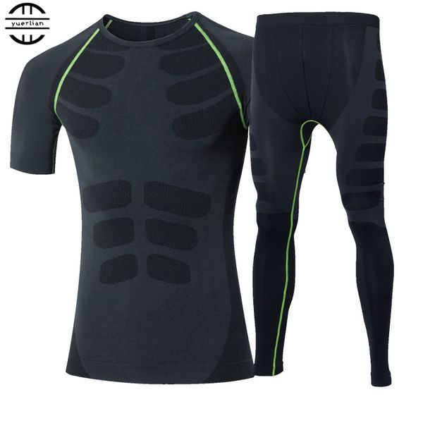 

yuerlian compression sport suit short t-shirt fitness pantsuit tights sports leggings gym running set tracksuit men's sportswear, Black;blue