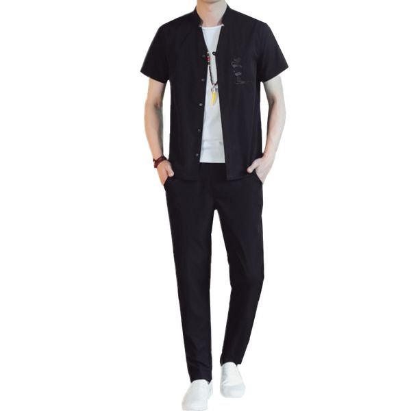 

2020 new men's sets black white chinese style men short-sleeved shirt and trousers fashion cotton linen embroidery two-piece set, Gray