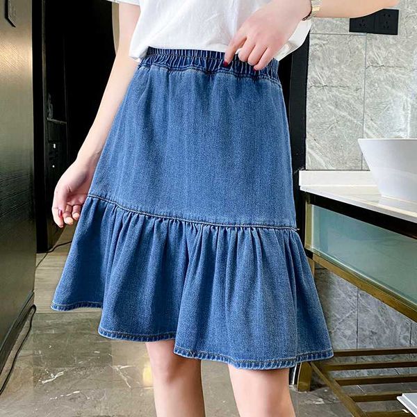 

zoki ruffles women denim skirt fashion summer high waist plus size loose a line jean midi skirt elegant cotton female faldas 5xl, Black
