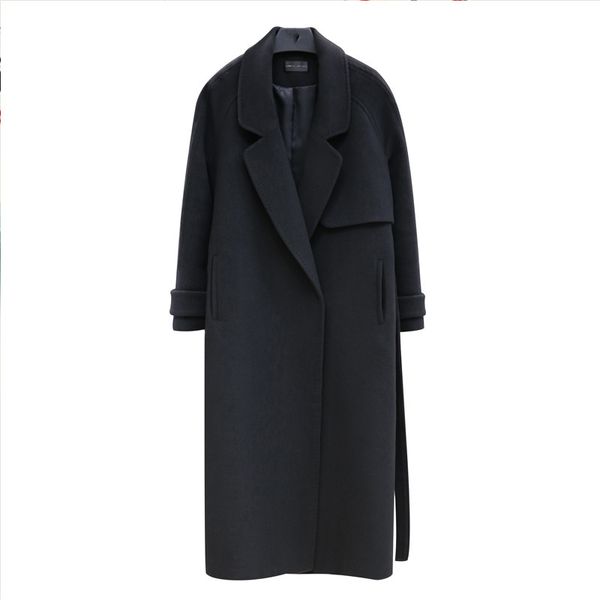 

2019 autumn winter women's black woolen coat thick warm long windbreaker plus size belt slim female basic coats casual n331